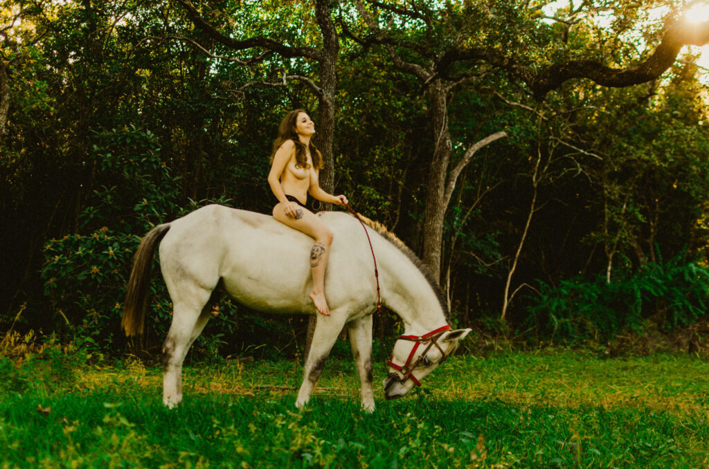 Person sitting on horse in forest clearing.